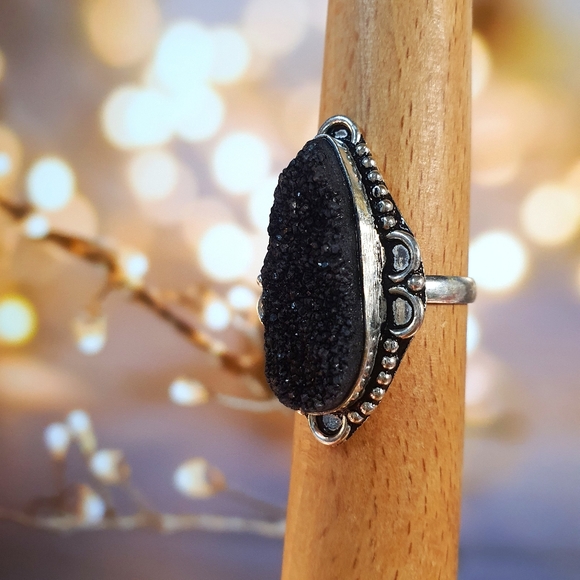 Black Titanium Druzy Gemstone Sterling Silver Plated Ring Size 9 - Picture 5 of 8